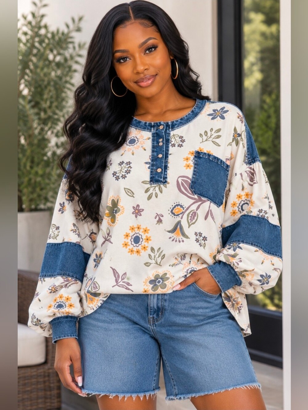 NEW!! Easel Floral Print Mineral Washed Henley Top in Ecru, Sz Medium, NWT